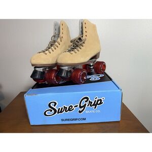 Sure Grip Skate Co Roller Skates Mens size 10 Tan Suede Red Wheels EUC!!